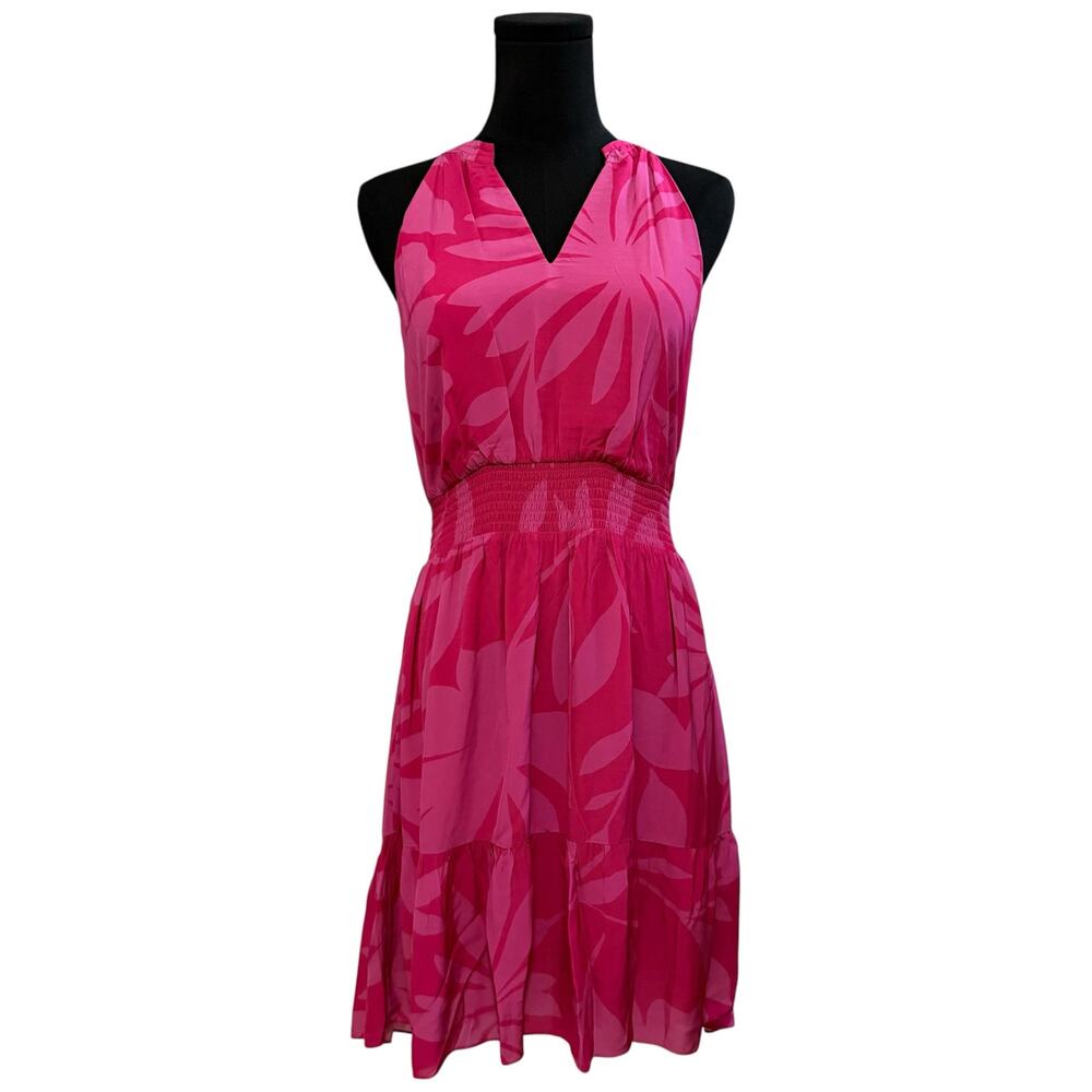 Caballero Sleeveless Dress Smocked Waist High Low Hem Tropical Print Pink Medium